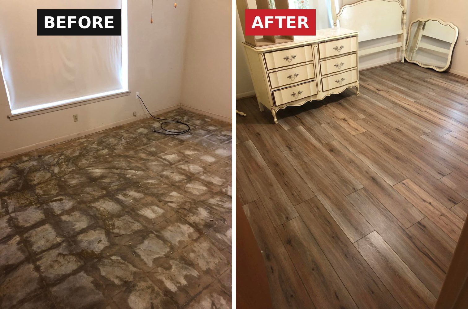 Flooring Before & After: A stained, worn subfloor turned into a bedroom with new wood-look plank flooring.